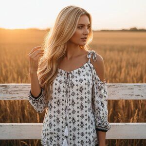 Lascana Venus M Womens White Black Tie Neck Knit Top Peasant Boho Casual Chic